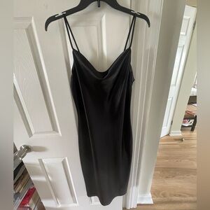 Cowl Neck Silky Midi Dress - Black